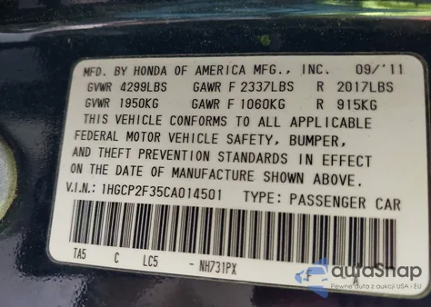 2012 Honda Accord 2.4 Lx z USA, uszkodzony, nr VIN 1HGCP2F35CA014501